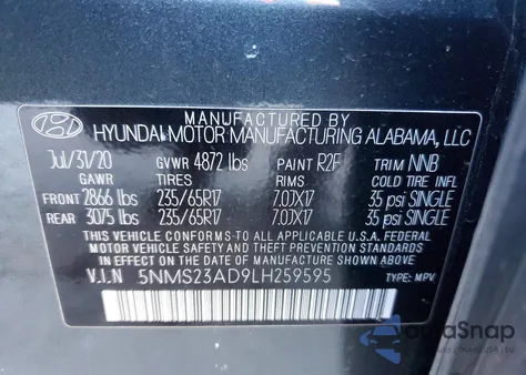 2020 Hyundai Santa Fe Se из США, поврежденный, VIN 5NMS23AD9LH259595